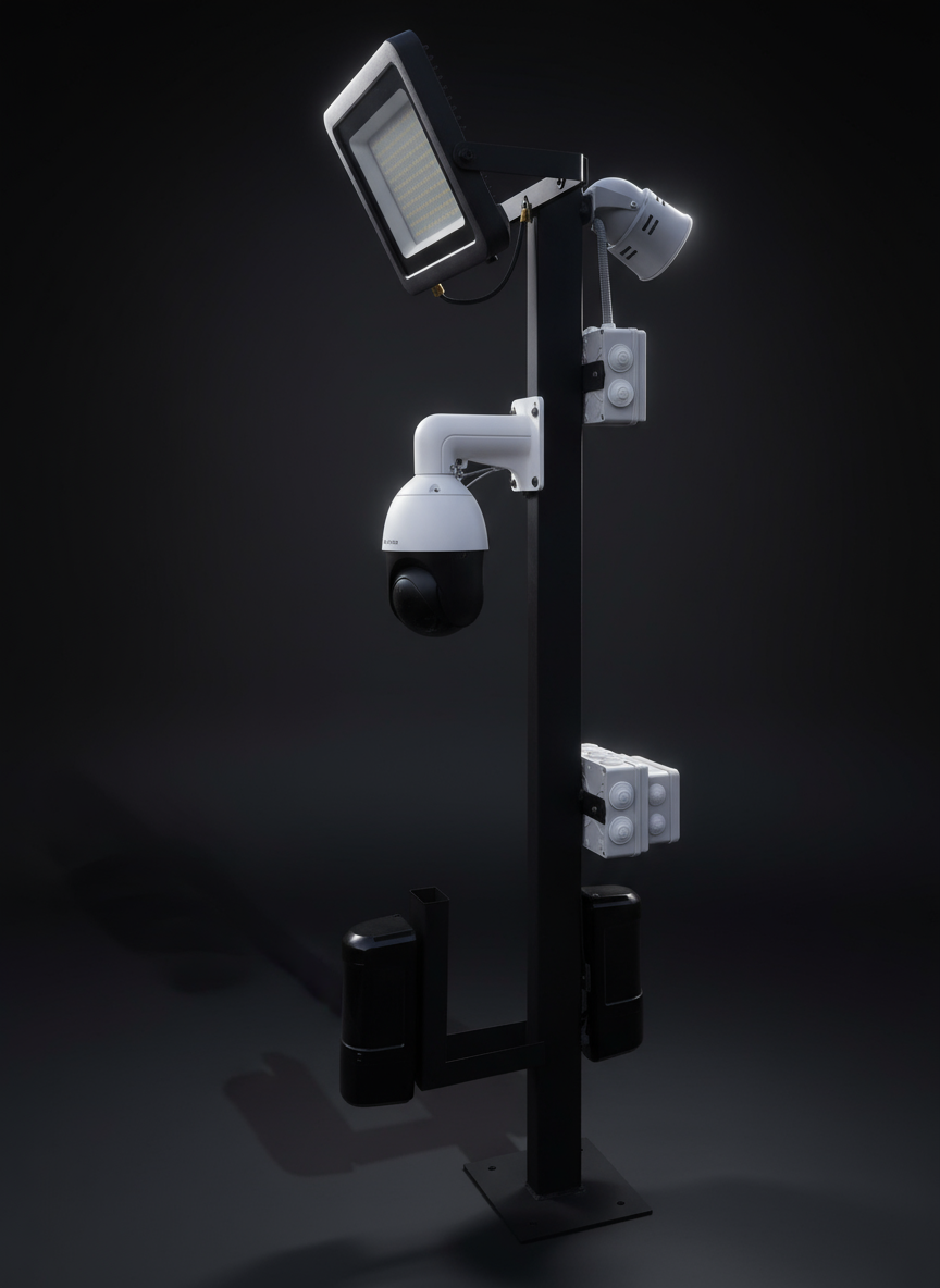 Perimeter security pole with cameras, lights and sensors